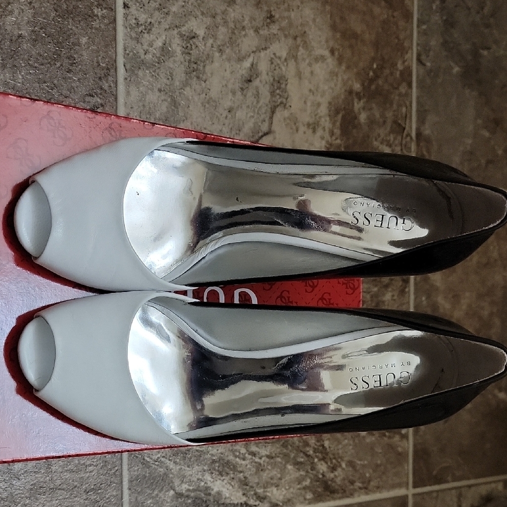 GUESS Black and White Peep Toe Heels